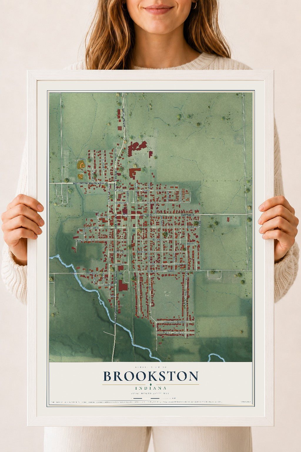 Map of Brookston, Indiana, 18 x 24 inch print in a white wood frame