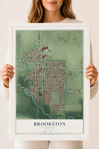 Map of Brookston, Indiana, 18 x 24 inch print in a white wood frame