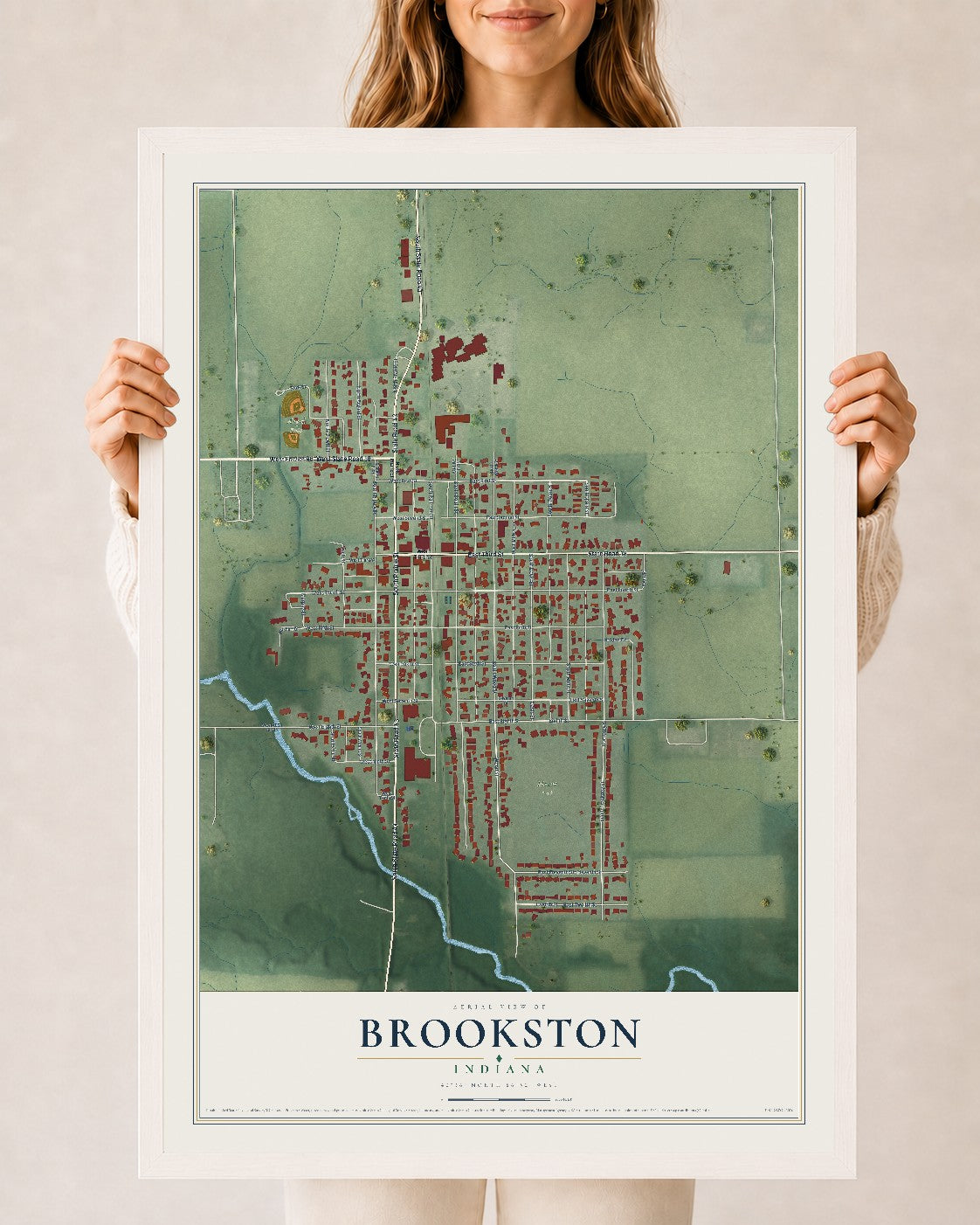 Map of Brookston, Indiana, 24 x 36 inch print in a white wood frame