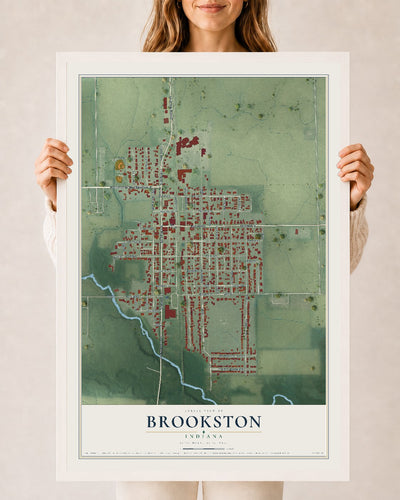 Map of Brookston, Indiana, 24 x 36 inch print in a white wood frame