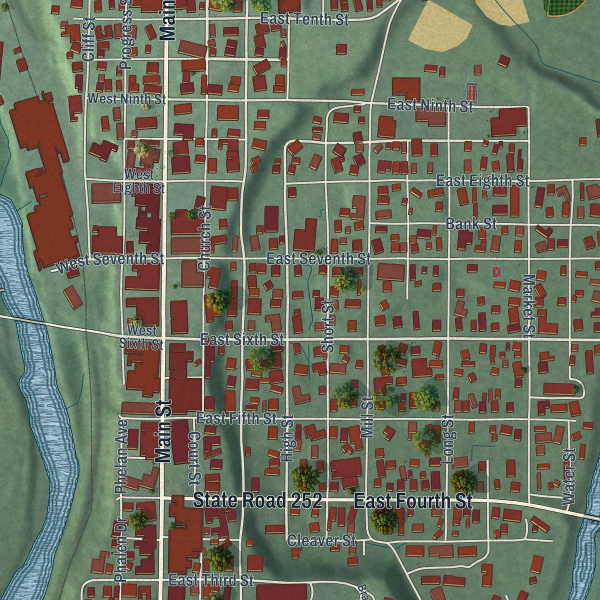Close-up of the map of Brookville, Indiana print showing street and building detail