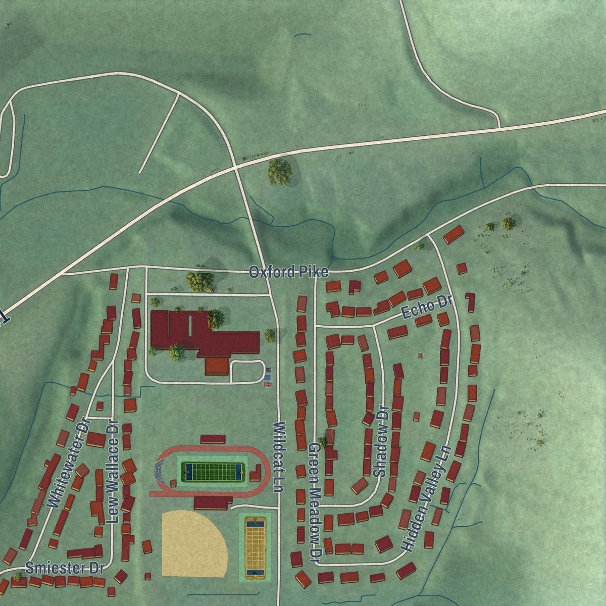 Second close-up of the map of Brookville, Indiana print showing more streets and buildings