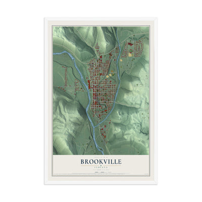 Map of Brookville, Indiana, 12 x 18 inch print in a white wood frame