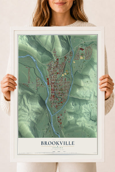 Map of Brookville, Indiana, 18 x 24 inch print in a white wood frame