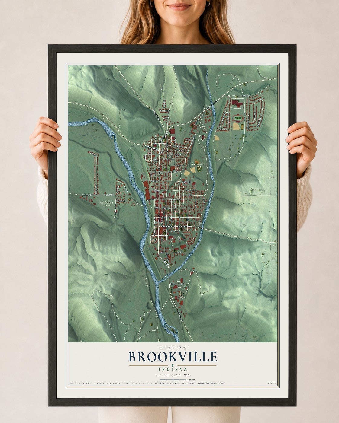Map of Brookville, Indiana, 24 x 36 inch print in a black wood frame