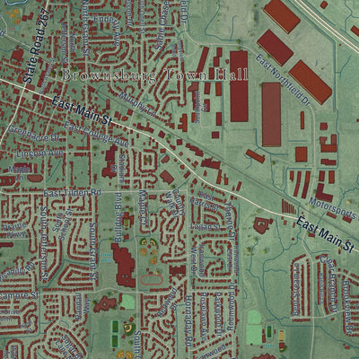 Close-up of the map of Brownsburg, Indiana print showing street and building detail
