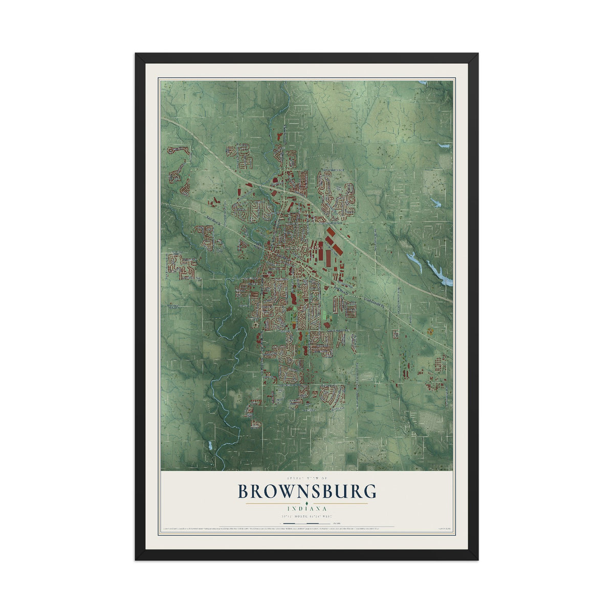 Map of Brownsburg, Indiana, 12 x 18 inch print in a black wood frame