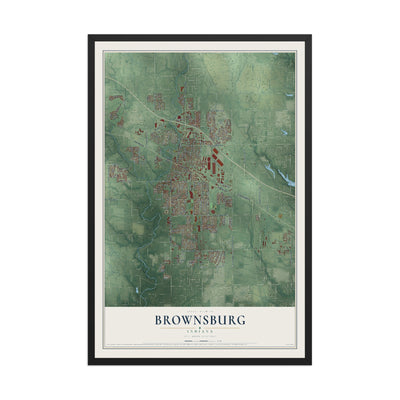 Map of Brownsburg, Indiana, 12 x 18 inch print in a black wood frame