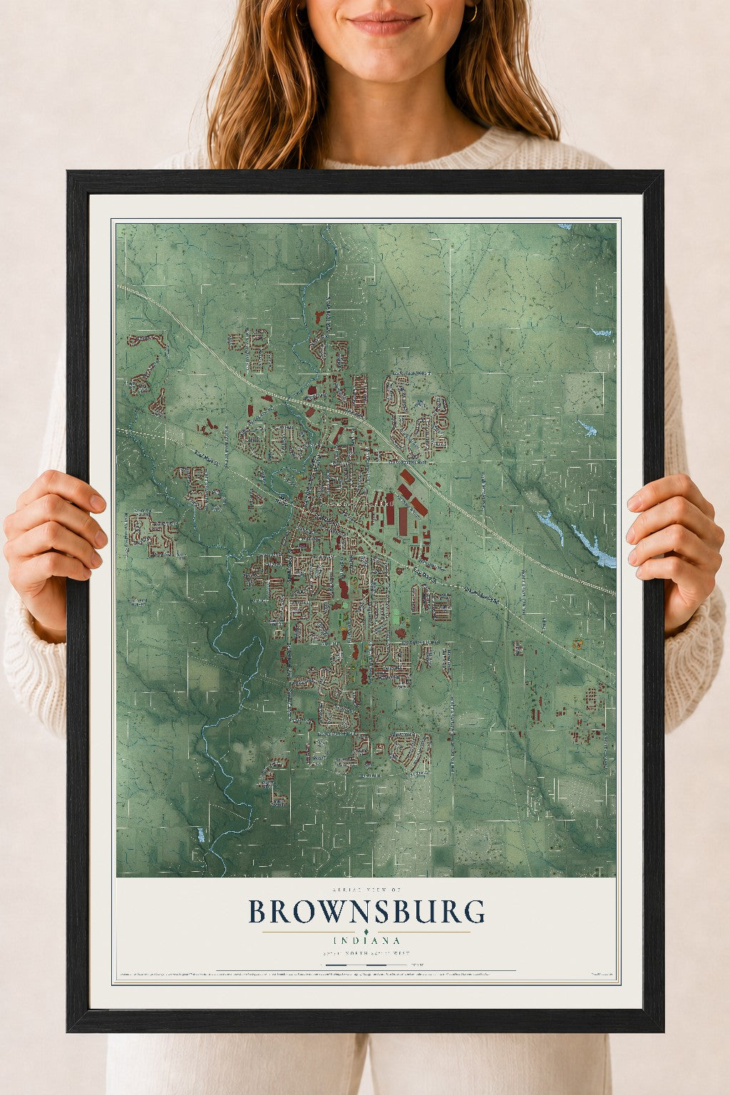 Map of Brownsburg, Indiana, 18 x 24 inch print in a black wood frame