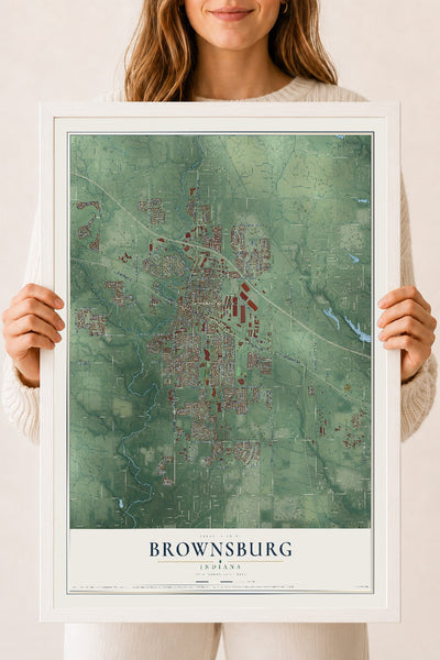 Map of Brownsburg, Indiana, 18 x 24 inch print in a white wood frame