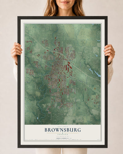 Map of Brownsburg, Indiana, 24 x 36 inch print in a black wood frame