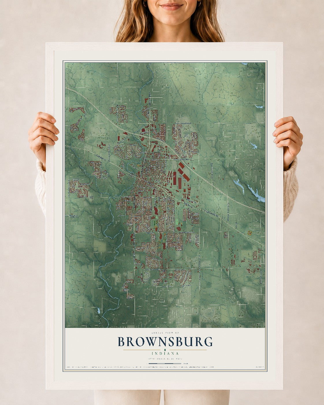 Map of Brownsburg, Indiana, 24 x 36 inch print in a white wood frame