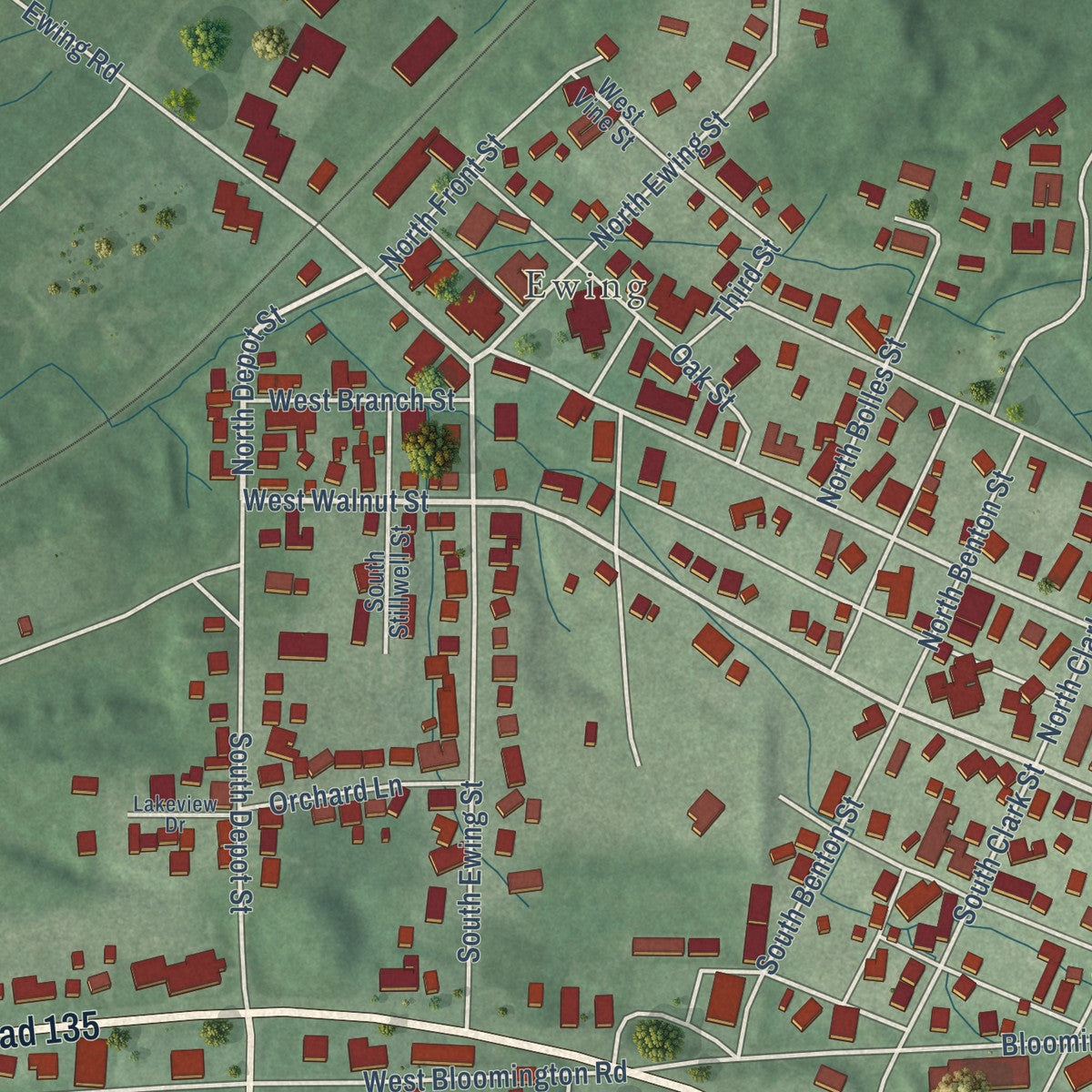 Second close-up of the map of Brownstown, Indiana print showing more streets and buildings