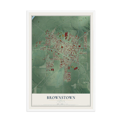 Map of Brownstown, Indiana, 12 x 18 inch print in a white wood frame