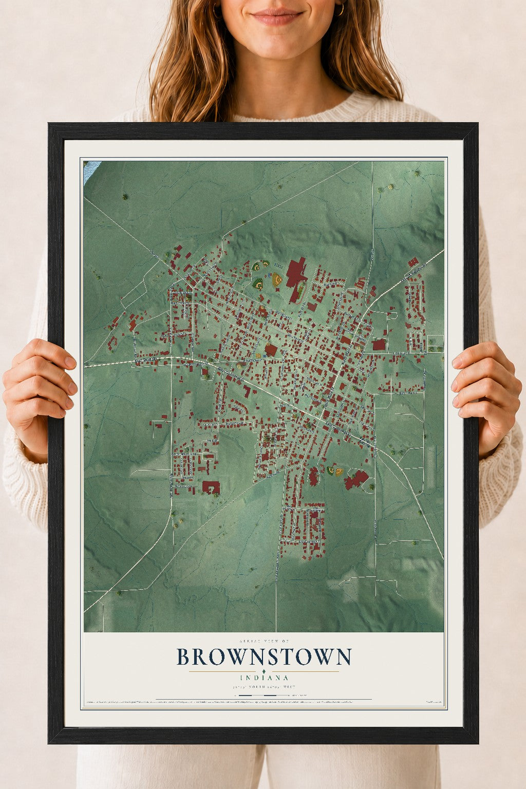 Map of Brownstown, Indiana, 18 x 24 inch print in a black wood frame