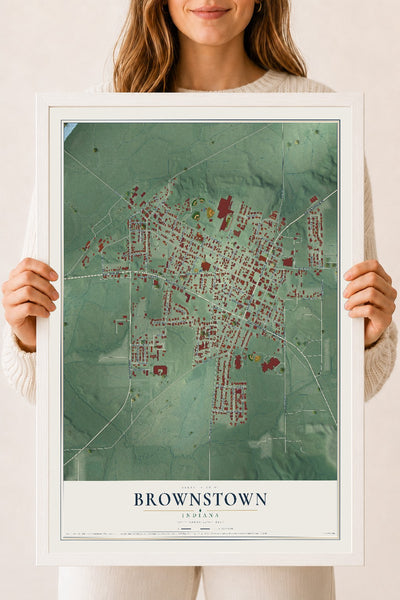 Map of Brownstown, Indiana, 18 x 24 inch print in a white wood frame