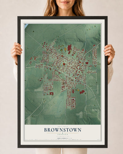 Map of Brownstown, Indiana, 24 x 36 inch print in a black wood frame
