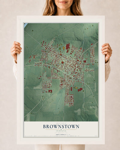 Map of Brownstown, Indiana, 24 x 36 inch print in a white wood frame