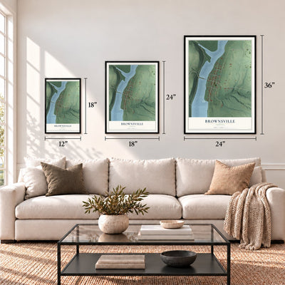 Brownsville, Indiana map in 12 x 18, 18 x 24 and 24 x 36 inch sizes above a sofa