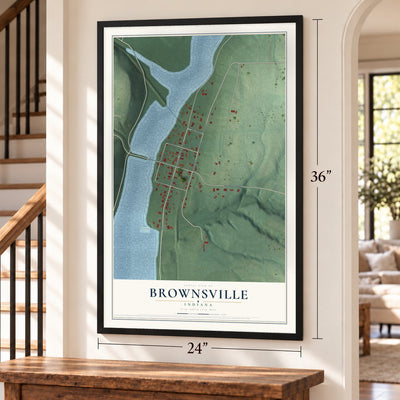 Brownsville, Indiana map, 24 x 36 inch print in a black frame by a staircase