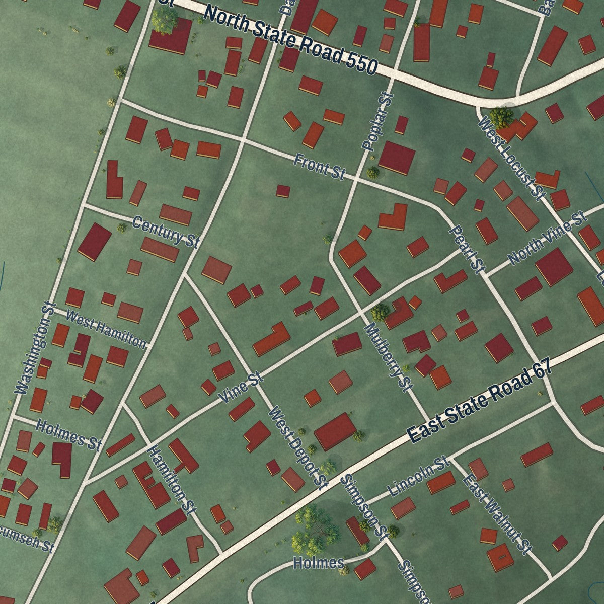 Close-up of the map of Bruceville, Indiana print showing street and building detail