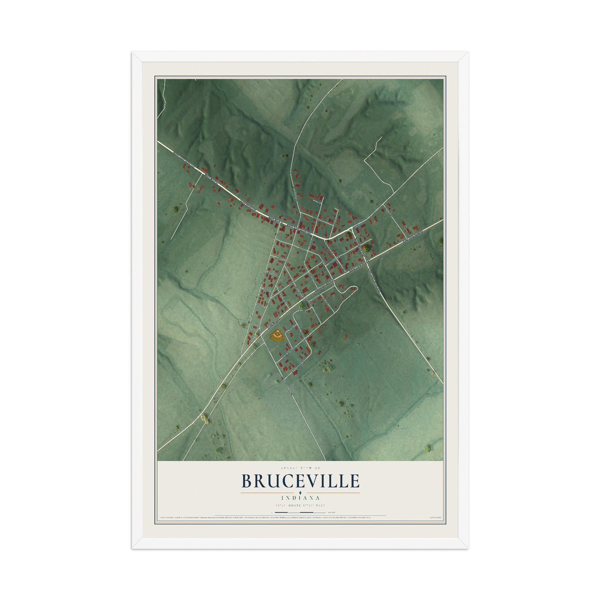Map of Bruceville, Indiana, 12 x 18 inch print in a white wood frame