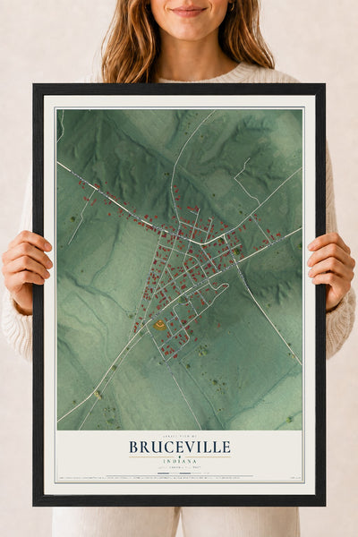 Map of Bruceville, Indiana, 18 x 24 inch print in a black wood frame