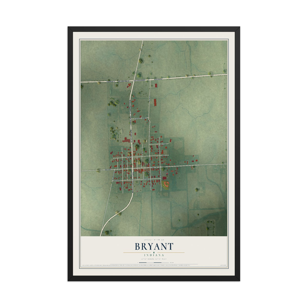 Map of Bryant, Indiana, 12 x 18 inch print in a black wood frame
