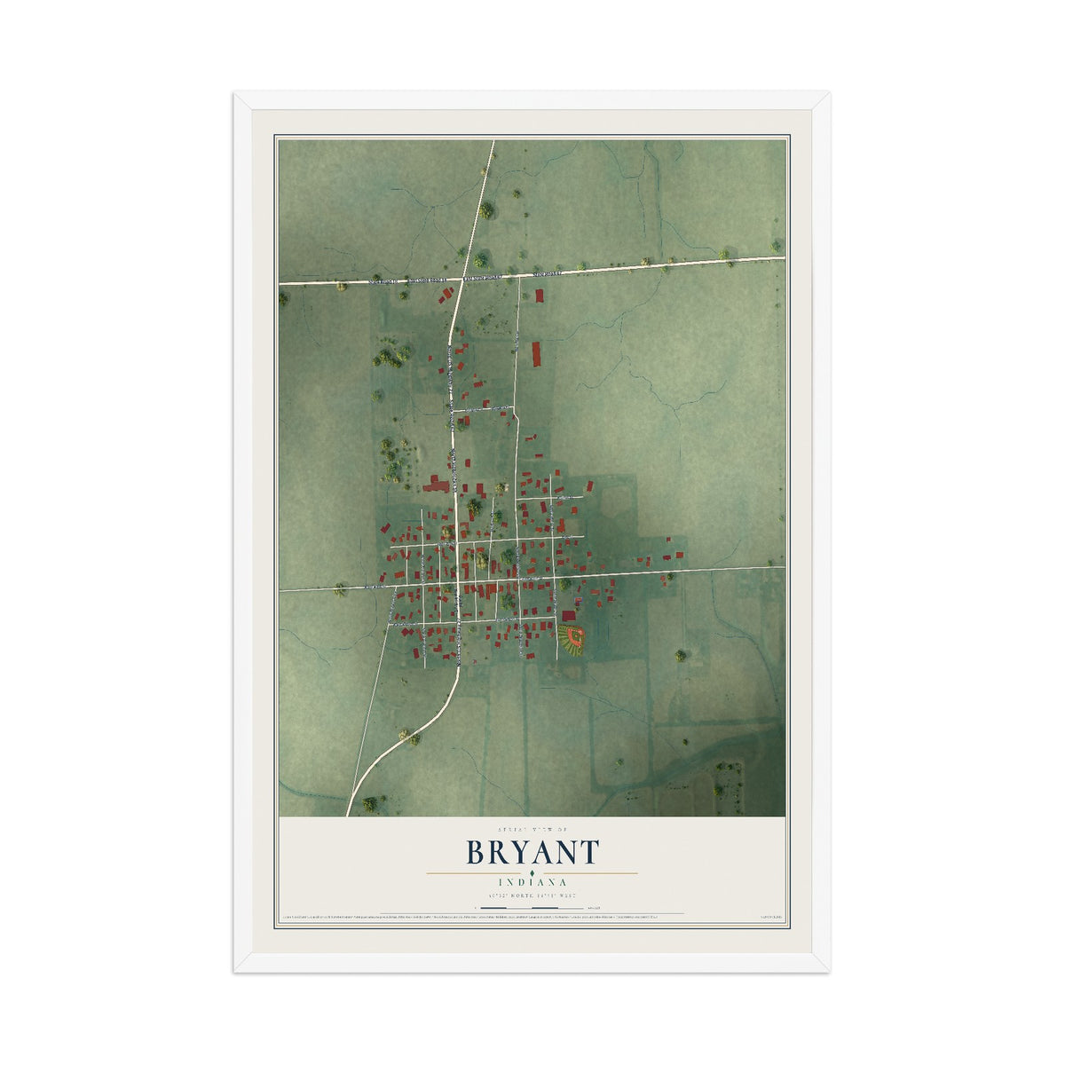 Map of Bryant, Indiana, 12 x 18 inch print in a white wood frame