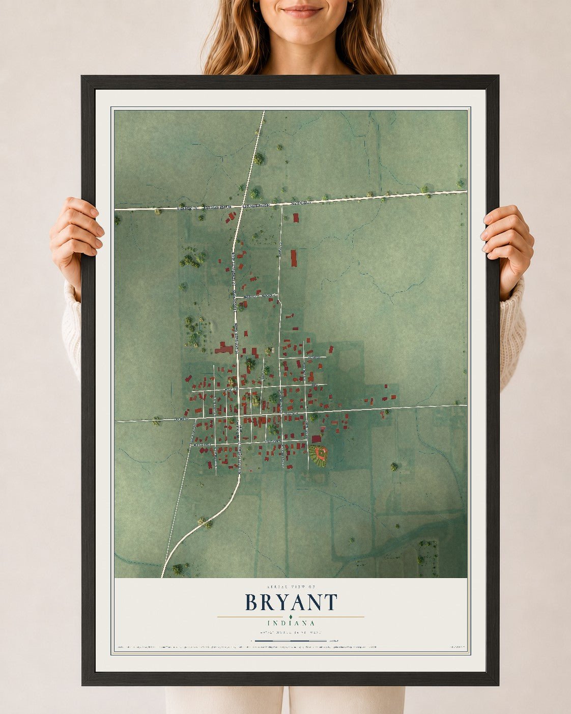 Map of Bryant, Indiana, 24 x 36 inch print in a black wood frame