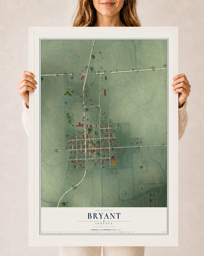 Map of Bryant, Indiana, 24 x 36 inch print in a white wood frame