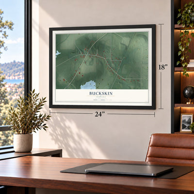 Buckskin, Indiana map, 18 x 24 inch print in a black frame in a home office