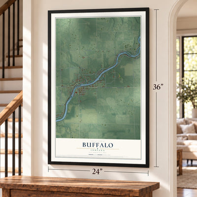 Buffalo, Indiana map, 24 x 36 inch print in a black frame by a staircase