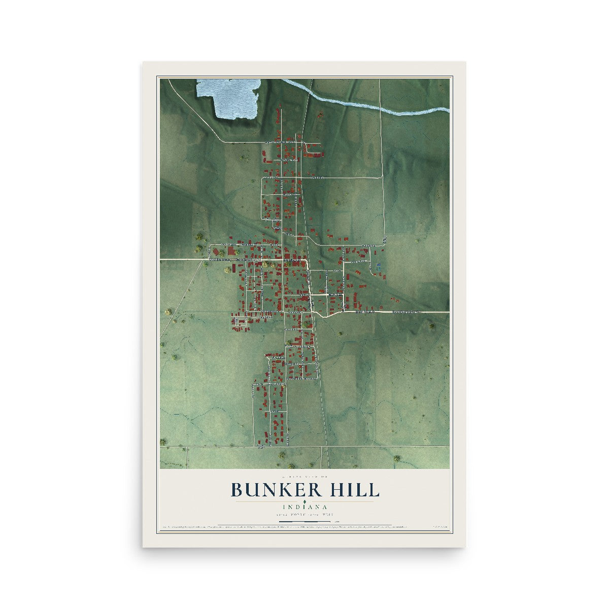 Map of Bunker Hill, Indiana, 12 x 18 inch unframed archival matte print