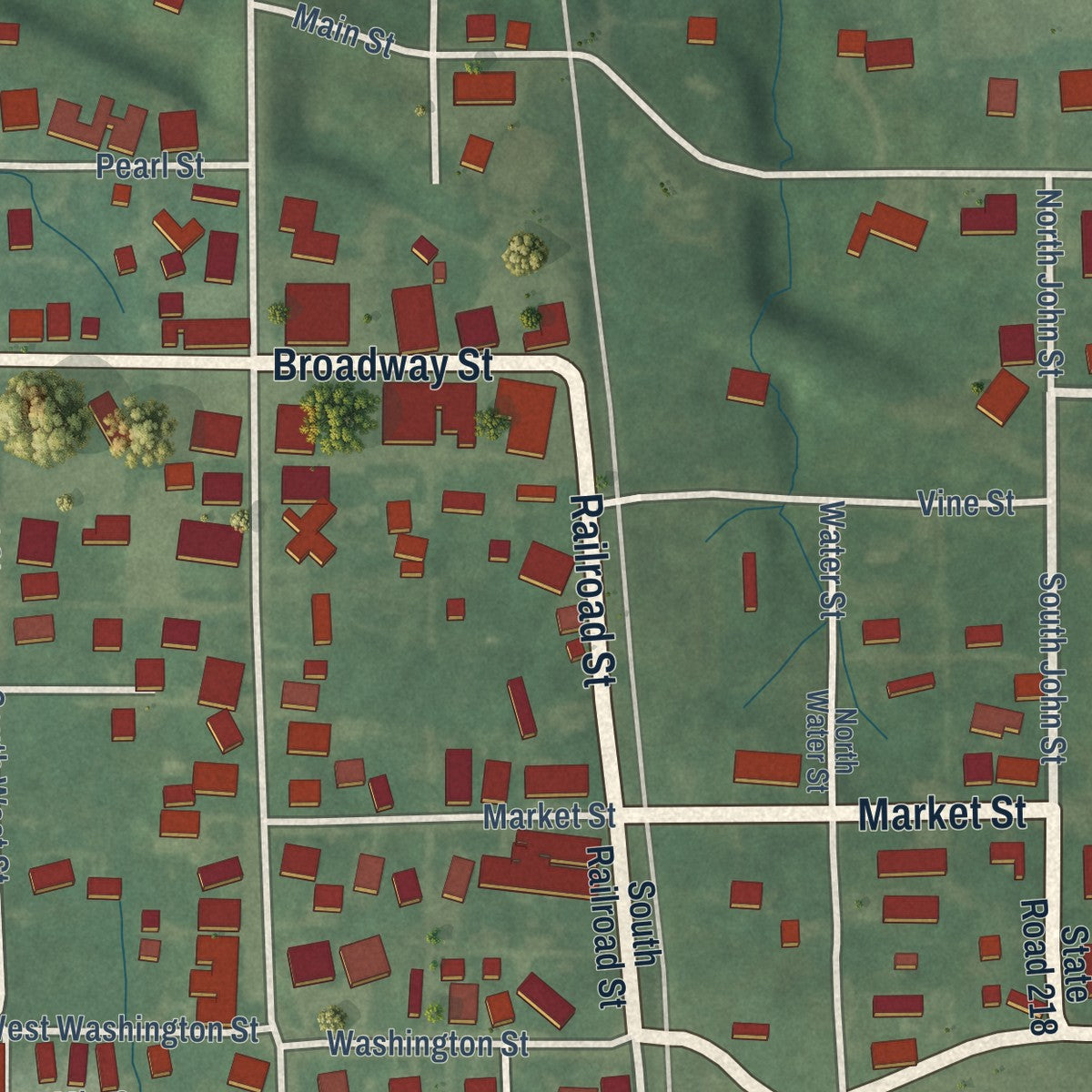 Close-up of the map of Bunker Hill, Indiana print showing street and building detail