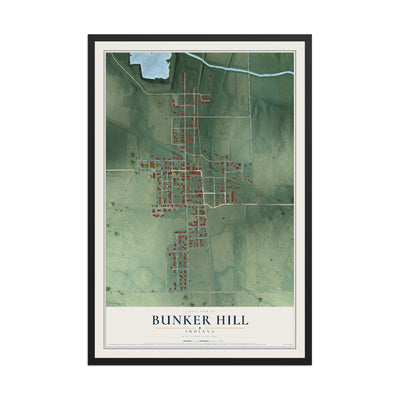 Map of Bunker Hill, Indiana, 12 x 18 inch print in a black wood frame