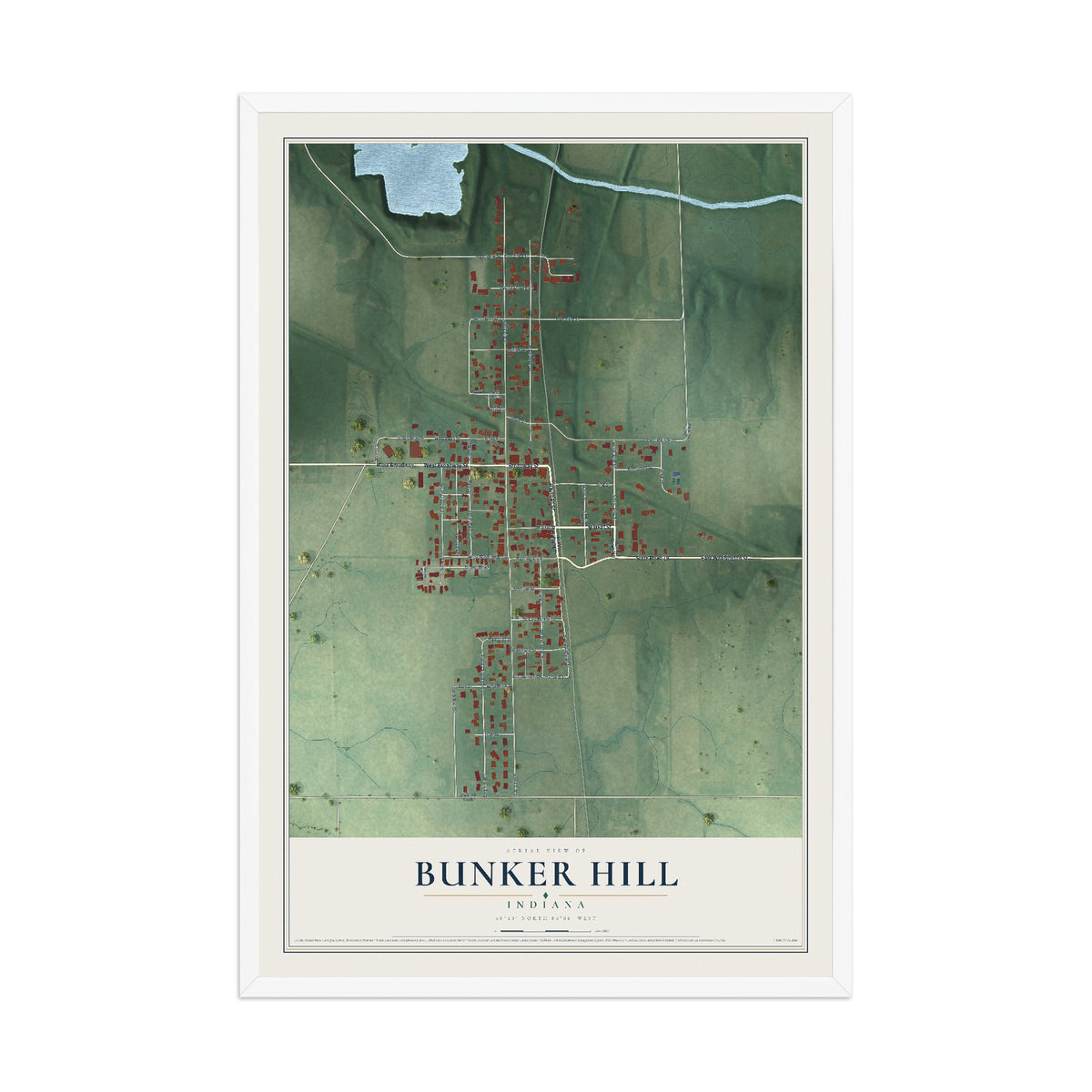 Map of Bunker Hill, Indiana, 12 x 18 inch print in a white wood frame