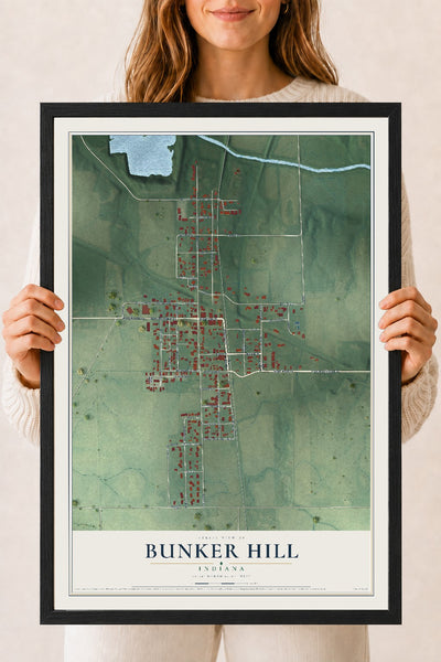 Map of Bunker Hill, Indiana, 18 x 24 inch print in a black wood frame