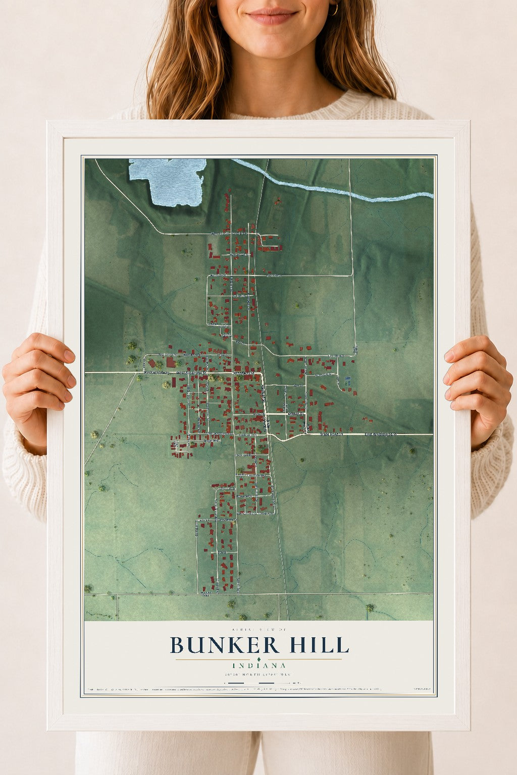 Map of Bunker Hill, Indiana, 18 x 24 inch print in a white wood frame