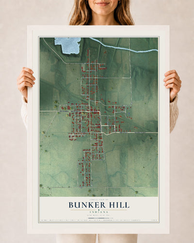 Map of Bunker Hill, Indiana, 24 x 36 inch print in a white wood frame