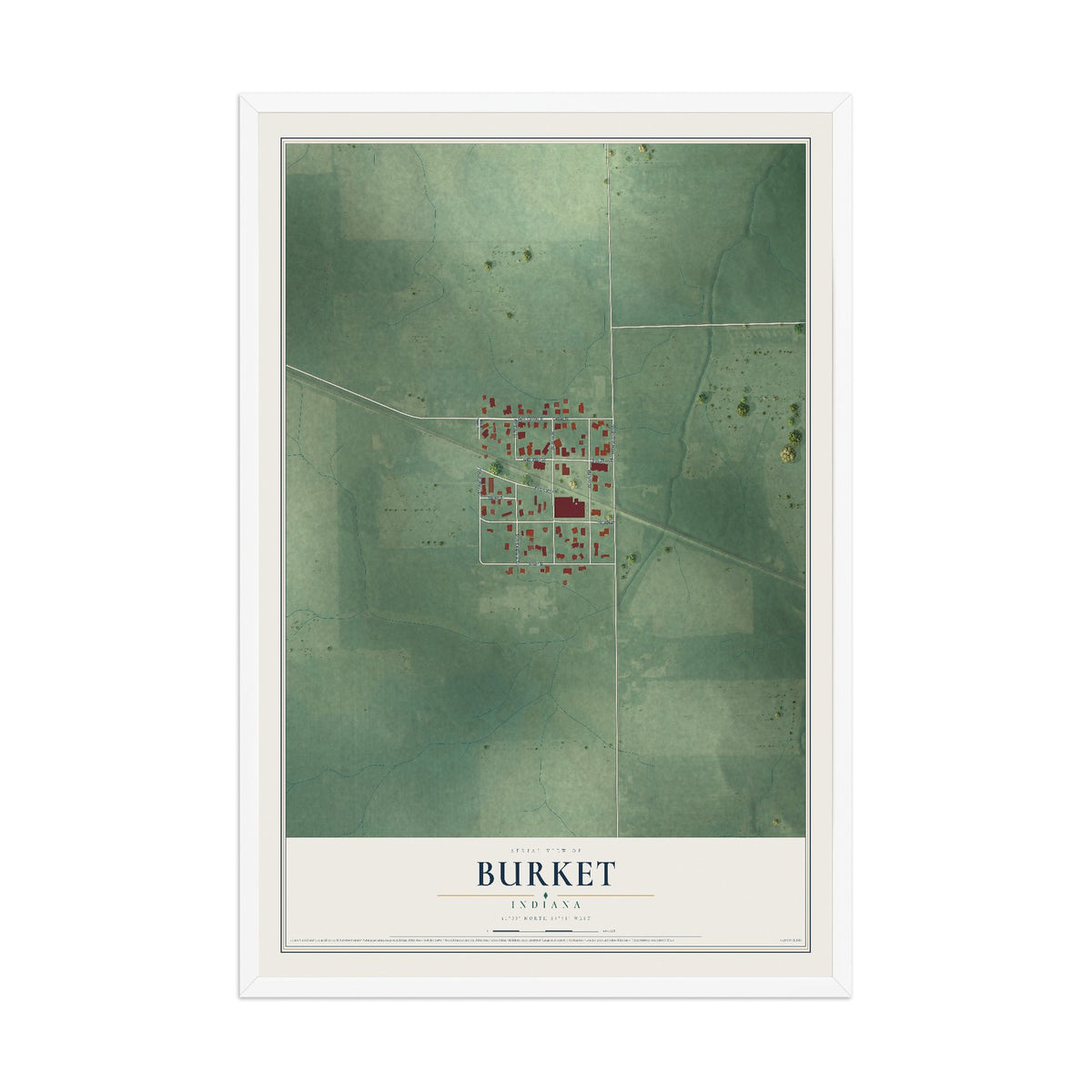 Map of Burket, Indiana, 12 x 18 inch print in a white wood frame