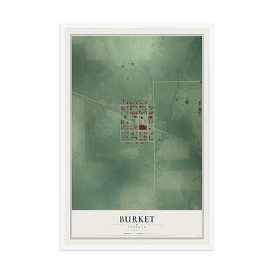 Map of Burket, Indiana, 12 x 18 inch print in a white wood frame