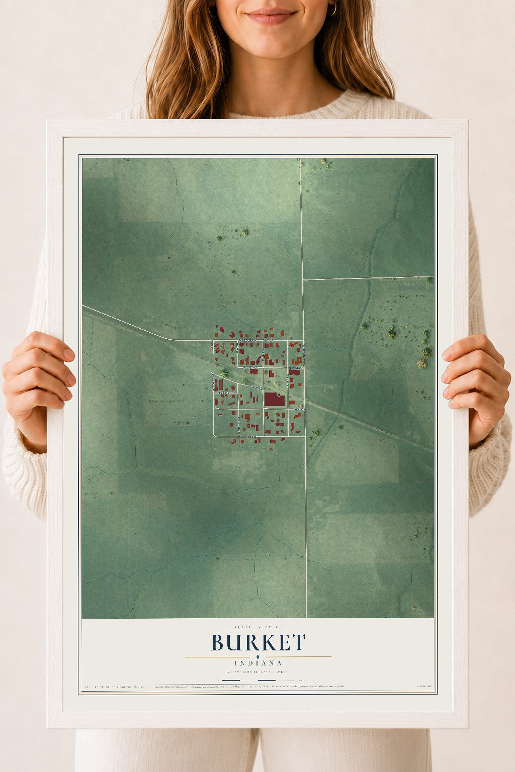 Map of Burket, Indiana, 18 x 24 inch print in a white wood frame