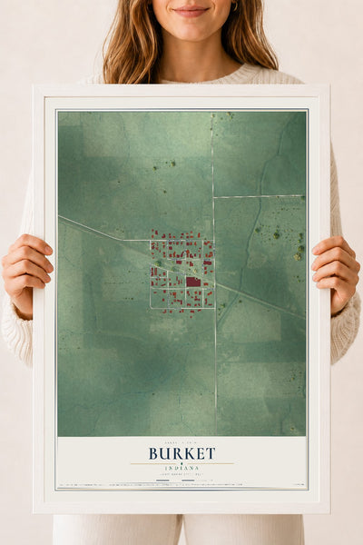 Map of Burket, Indiana, 18 x 24 inch print in a white wood frame