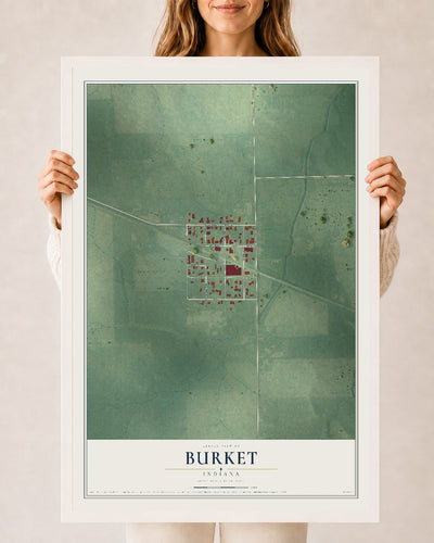 Map of Burket, Indiana, 24 x 36 inch print in a white wood frame