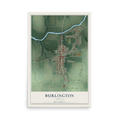 Map of Burlington, Indiana, 12 x 18 inch unframed archival matte print