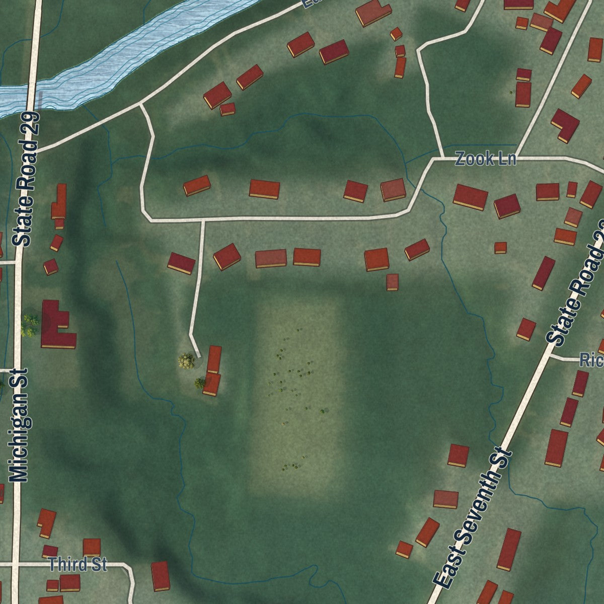 Second close-up of the map of Burlington, Indiana print showing more streets and buildings