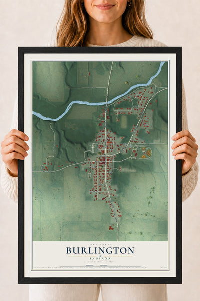 Map of Burlington, Indiana, 18 x 24 inch print in a black wood frame