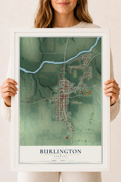 Map of Burlington, Indiana, 18 x 24 inch print in a white wood frame