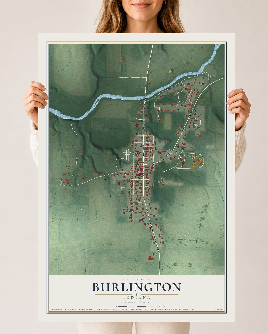 Map of Burlington, Indiana, 24 x 36 inch unframed archival matte print